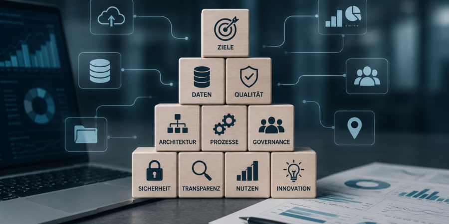 Datenstrategie; KI generiert Pyramide aus beschrifteten Holzwürfeln mit Begriffen wie Ziele, Daten, Qualität, Architektur, Prozesse, Governance, Sicherheit, Transparenz, Nutzen und Innovation. Im Hintergrund sind Laptop, Diagramme und vernetzte Symbole zu sehen.