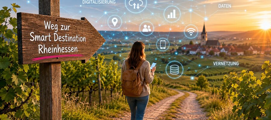 Holzschild mit der Aufschrift „Weg zur Smart Destination Rheinhessen“ neben Weinbergen. Eine Person nutzt ein Smartphone, darüber liegen digitale Netzwerksymbole und die Wörter „Digitalisierung“, „Daten“ und „Vernetzung“.