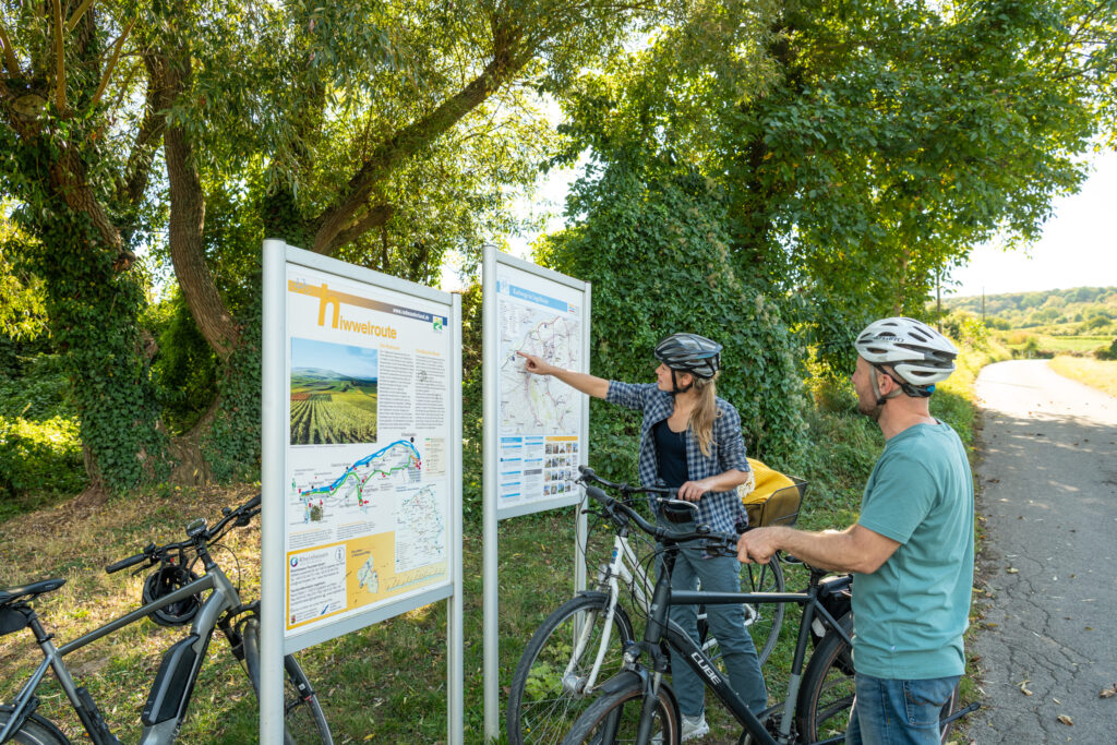 HBR-Beschilderung (5) Zwei Personen mit Fahrradhelmen stehen mit Fahrrädern an Informationstafeln am Wegesrand. Eine Person zeigt auf eine Routentafel, umgeben von Bäumen, Weinbergen und einem asphaltierten Weg.