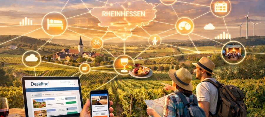 KI-Bild_Vernetzung der Daten Blick über Weinberge und einen Ort in Rheinhessen bei Sonnenuntergang. Digitale Verbindungslinien, Symbole und die Aufschrift „Rheinhessen“ überlagern die Landschaft; im Vordergrund sind Laptop, Smartphone und zwei Reisende zu sehen.