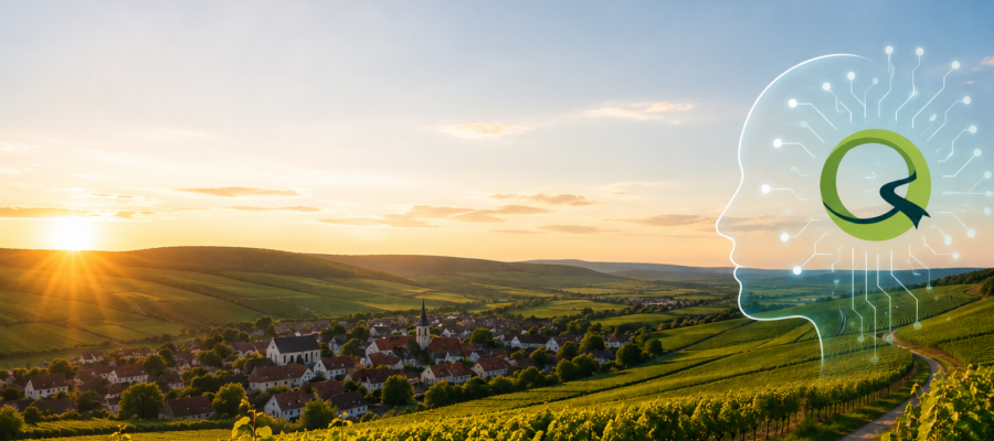 Landschaft Rheinhessen; KI generiert Weinberge und ein Dorf liegen im warmen Licht der untergehenden Sonne. Rechts ist eine transparente Kopfsilhouette mit Schaltkreislinien und einem grün-blauen Symbol als digitale Grafik eingeblendet.