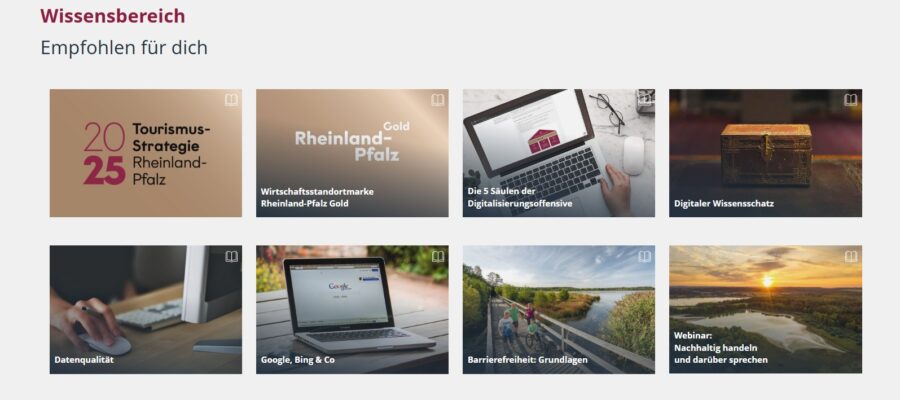 Wissensbereich Screenshot des Bereichs „Empfohlen für dich“ mit acht Themenkacheln, darunter Tourismusstrategie 2025, Digitalisierung, Datenqualität, Barrierefreiheit und nachhaltiges Handeln. Jede Kachel enthält ein Bild und einen Titel.