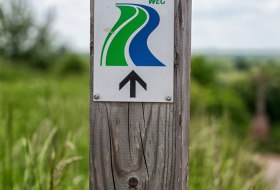 Ein Schild mit blau-grünem Wegsymbol und schwarzem Pfeil ist an einem Holzpfosten befestigt. Im Hintergrund sind unscharfe Wiesen, Sträucher und Landschaft zu sehen.