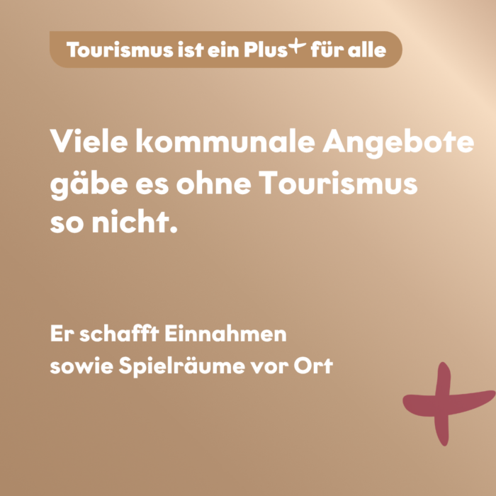 Beige gestaltete Grafik mit der Überschrift „Viele kommunale Angebote gäbe es ohne Tourismus so nicht.“ Darunter steht: „Er schafft Einnahmen sowie Spielräume vor Ort“. Oben: „Tourismus ist ein Plus+ für alle“.
