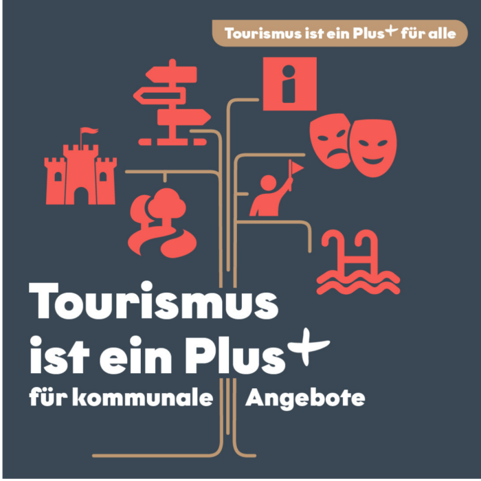 Dunkelblaue Grafik mit roten Symbolen für Wegweisung, Information, Kultur, Sehenswürdigkeiten, Natur, Freizeit und Schwimmbad. Verzweigte Linien verbinden die Angebote. Text: „Tourismus ist ein Plus+ für kommunale Angebote“.