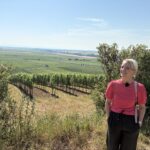 SWR Expedition in die Heimat - Genusswandern im Land der rheinhessischen Hiwwel Eine Frau in rotem Oberteil steht vor grünen Weinreben an einem Hang. Dahinter erstrecken sich Felder und Weinberge bis zum Horizont unter blauem Himmel.