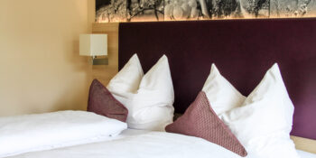 Zimmer Weingut Meyerhof Doppelbett in einem Hotelzimmer mit weißer Bettwäsche, großen weißen und weinroten Kissen sowie dunkelrotem Kopfteil. Darüber zeigt eine beleuchtete Bildleiste Schwarz-Weiß-Aufnahmen von Weintrauben, Reben und Weinbergen.
