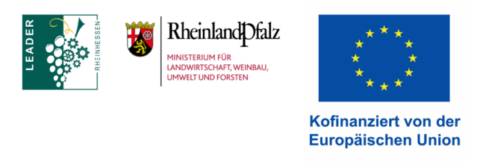 Förderungshinweis Drei Förderlogos auf weißem Hintergrund: links das grün-weiße LEADER-Rheinhessen-Logo mit Weintraube und Zahnrädern, mittig das Landeswappen von Rheinland-Pfalz mit Ministeriumsschriftzug und rechts die EU-Flagge mit dem Text „Kofinanziert von der Europäischen Union“.